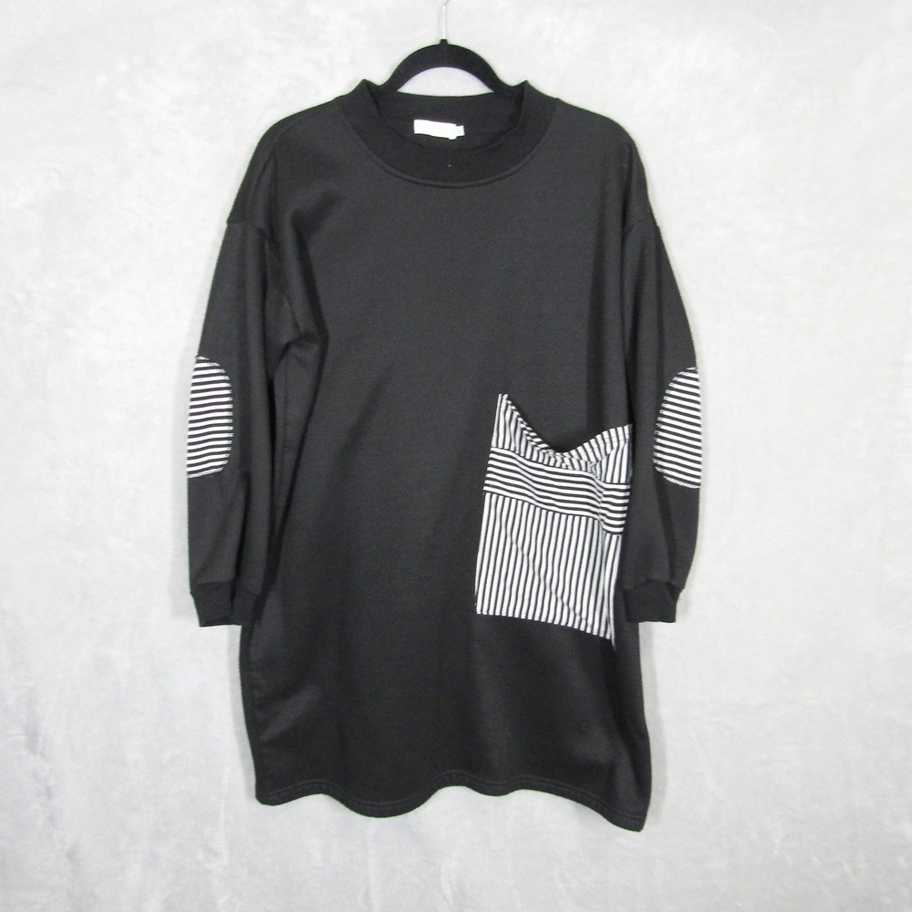 Ellazhu Black Sweatshirt Dress Pocket Elbow Patch Striped Menswear Lagenlook